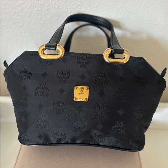 MCM Beautiful Black Nylon Top Handle Bag with Gold Accents